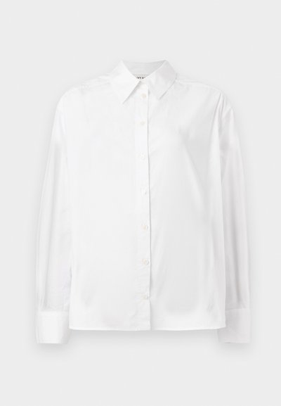 White long-sleeve button-up shirt in a smooth cotton blend. Features a classic collar, front button closure, and rounded cuffs.