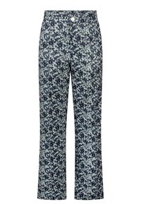 Patronen broek met een bloemenontwerp in tinten navy en lichtblauw. Gemaakt van lichte stof met een rechte pijp en achterzakken.
