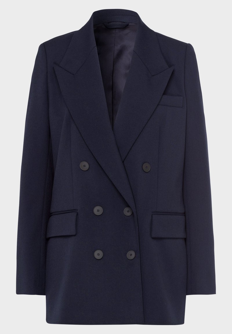 Marineblaues, zweireihiges Blazer aus strukturiertem Stoff. Mit Reverskragen, vier schwarzen Knöpfen, zwei Fronttaschen und taillierter Passform.