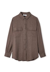 Bruine lange mouwen overhemd met een knoopsluiting aan de voorkant, twee borstzakken, verticale strepen en spikkels van glanzende accenten door het geheel.