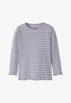 Langärmliges Hemd mit flieder-weißen Streifen und gewellten Kanten an Ärmeln und Saum, mit rundem Ausschnitt.