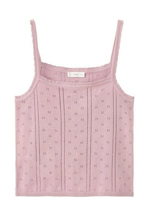 Svetlo roza pletena majica na naramnice s tankimi naramnicami in navpičnimi vzorci z luknjicami po celotnem materialu.