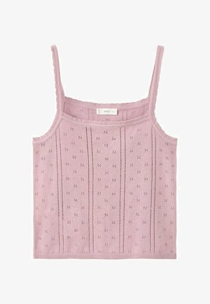 Top tricotat roz deschis, cu bretele subțiri și modele verticale cu ochiuri pe tot materialul.