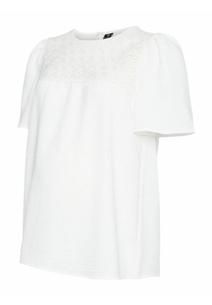 Valge lühikeste varrukatega bluus, millel on tekstureeritud pitspaneel tagasi, pehme kangas ja ümar kaelus koos avaga seljal.