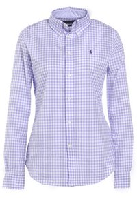 Långärmad, knappad skjorta med ljuslila och vit rutigt mönster, knäppt krage och liten broderad logotyp på vänster bröst.