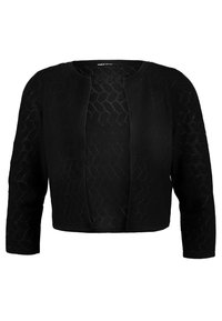 Svart kortärmad kardin med trekvartslånga ärmar, tillverkad av en strukturerad ribbstickad tyg som har ett subtilt mönster genom hela materialet.