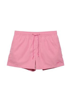 Pink men's swim shorts with elastic waistband and drawstring, featuring a small logo on the lower leg side.