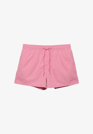Pantaloncini da bagno da uomo rosa con vita elastica e coulisse, con un piccolo logo sul lato della gamba inferiore.