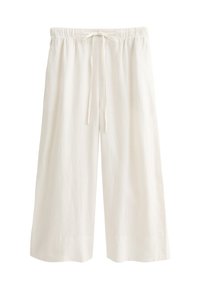 Crème-kleurige wijde linnen broek met een elastische tailleband en verstelbaar trekkoord. Soepele textuur, geen zichtbare patronen of accenten.