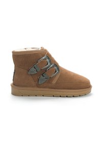 Bota de ante marrón a la altura del tobillo con forro de piel de pelo, que cuenta con dos hebillas decorativas grises y una suela de goma texturizada. Diseño clásico con punta redondeada.