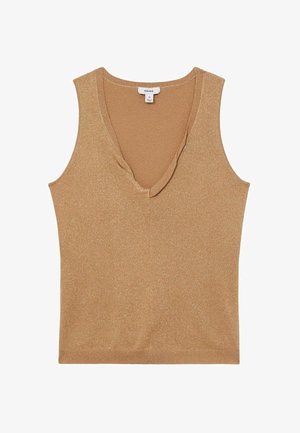 Gylden ærmeløs top med dyb V-hals, lavet af et tekstureret, glitrende stof. Har sømløse kanter og en tætsiddende design.