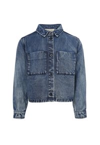 Leren spijkerjack in lichtblauw met twee borstzakken, knoopsluiting en kraag. Kenmerkt zich door een cropped pasvorm en rechte mouwen.