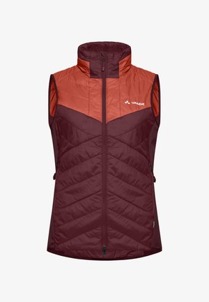 Gilet senza maniche bordeaux e arancione con colletto alto; design trapuntato; chiusura a zip frontale; logo sul petto; tasche laterali con zip.