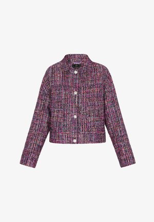 Geweven jas in paarse, roze en zwarte stof met een textuurafwerking; heeft een kraag, drukknoopsluiting en lange mouwen.
