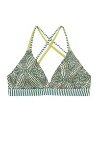 Reggiseno di forma triangolare, con una fantasia floreale verde, spalline gialle e un elastico a righe alla base. Progettato con spalline incrociate.