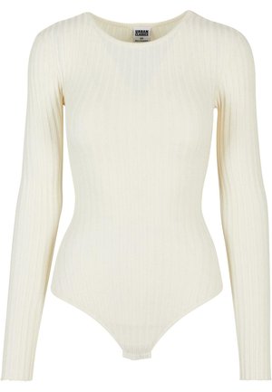Long-sleeved, ribbed bodysuit in soft cream fabric. Features a rounded neckline and fitted silhouette with a low-cut back.
