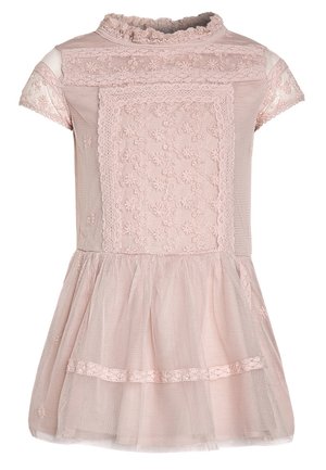 Hellrosa kurzärmeliges Kleid mit Spitzenblumenmustern, transparentem Tüllrock und gerafftem hohem Kragen.