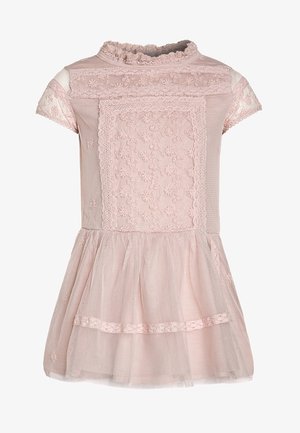 Hellrosa kurzärmeliges Kleid mit Spitzenblumenmustern, transparentem Tüllrock und gerafftem hohem Kragen.
