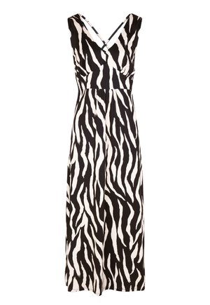 Robe maxi sans manches à col en V avec imprimé zèbre noir et blanc et une taille cintrée.