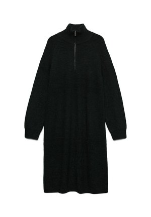 Abito lungo in maglia nera con colletto alto e mezza cerniera, dotato di maniche lunghe e polsini a costine.