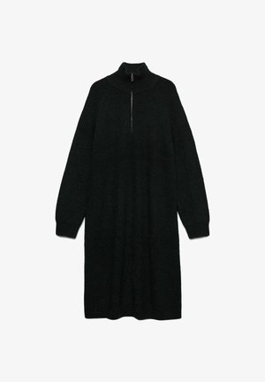 Črna dolga pulover obleka s visokim ovratnikom in pol zadrgo, z dolgimi rokavi in rebrastimi manšetami.