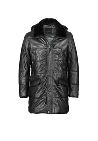 Parka nera in pelle con design imbottito, grande colletto in pelliccia, due tasche frontali e chiusura con zipper. Texture liscia e stile di lunghezza media.