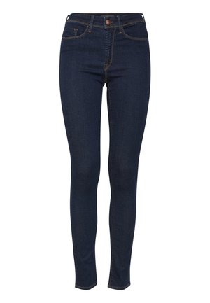 Vaqueros ajustados de mezclilla en azul oscuro, con un diseño clásico de cinco bolsillos, cierre frontal de botones y detalles de costuras sutiles.