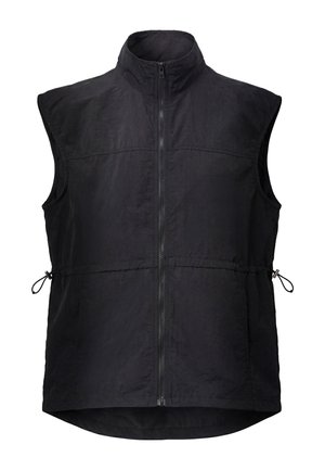 Gilet nero senza maniche con collo alto, zip frontale e coulisse regolabili ai lati in vita.