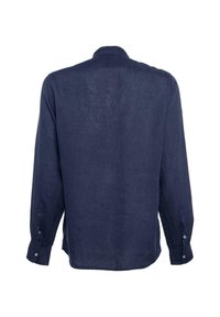Donkerblauwe langemouwen shirt van linnen met een kraag, knoopmanchetten en een regular fit. Glad textuur met minimale details.