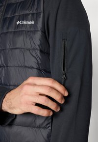 Hand adjusting the zipper on the sleeve pocket of a black Columbia quilted jacket.