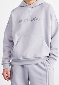 Ljusgrå hoodie med en framficka, prydd med en glansig "adidas"-logga. Tyget verkar mjukt, med ribbade ärmslut och nederkant.