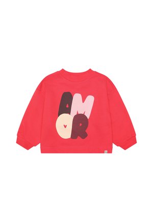 Red long-sleeve child’s sweatshirt with "AMOR" in large playful letters on front in black, pink, and cream colors.