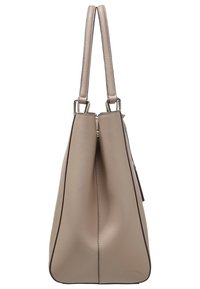 Beige tote bag made of textured material, featuring two handles, a zip closure, and dark stitching along the edges.