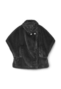 Cappotto in pelliccia sintetica nera con colletto alto, chiuso da due bottoni, dotato di due tasche laterali e una finitura morbida e testurizzata.