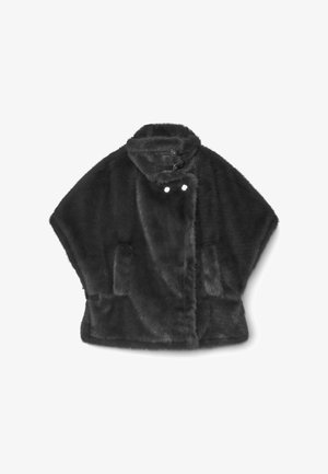 Black faux fur cape with a high collar, fastened by two buttons, featuring two side pockets and a soft textured finish.