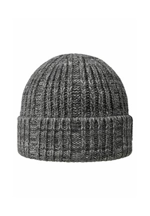 Bonnet en tricot gris avec une texture côtelée. Il présente un large revers et un mélange de fils gris foncé et clair, offrant un aspect contrasté.