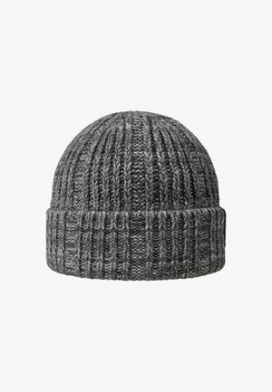 Grijze gebreide beanie muts met een geribbelde textuur. Kenmerkt zich door een brede manchette en een mix van donkere en lichte grijze garens, wat zorgt voor een contrasterend uiterlijk.