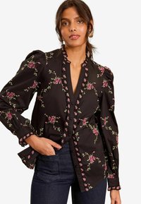 REGULAR FIT -EMBROIDERED NOTCH NECK LONG SLEEVE - Button-down blouse - black floral