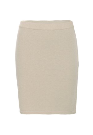 Beige Bleistiftrock in knielanger Länge aus weichem Stoff mit taillierter Passform und elastischem Bund. Glatte Textur, keine sichtbaren Muster oder Akzente.