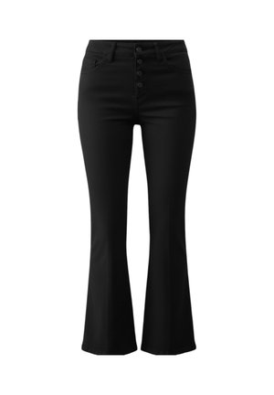 Pantaloni neri a vita alta con gamba svasata, quattro bottoni frontali e tasche anteriori, vestibilità sagomata su fianchi e cosce.