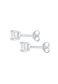 Silberne Ohrstecker mit rechteckigem Kristall, der in einer Krappenfassung gehalten wird, mit einem geschlungenen Steg. Mit '925' für Sterlingsilber gekennzeichnet.