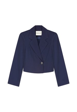 Donkerblauwe cropped blazer met lange mouwen, een knoop aan de voorkant en een reverskraag met inkeping.