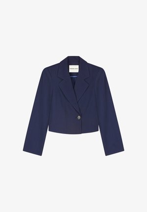 Donkerblauwe cropped blazer met lange mouwen, een knoop aan de voorkant en een reverskraag met inkeping.