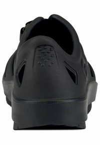 Black rubber shoe with a rounded back, ventilation holes on the sides, and a textured heel for grip. Simple, functional design.