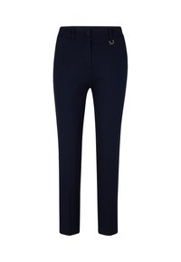 Navy blue trousers made of smooth fabric, featuring a button and a small gold-tone accent on the waistband. Straight-leg design.