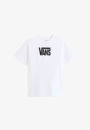 Hvid bomulds T-shirt med et stort sort "VANS" logo trykt på fronten. Designet har korte ærmer og rund halsudskæring.