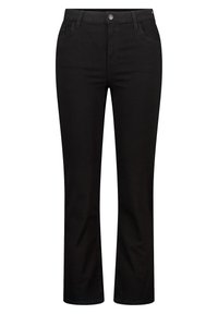 Pantalons en denim noir avec une coupe droite, présentant un bouton et une fermeture éclair, des poches avant et des détails de couture subtils.