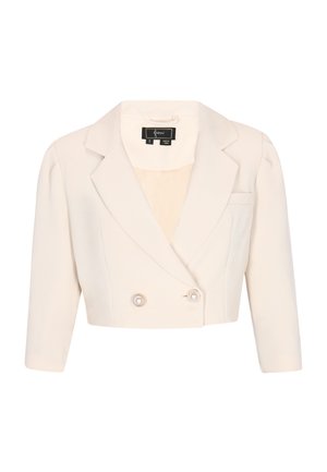 Krémový zkrácený blazer s dvojitým zapínáním, klopami, perlami na knoflících a rukávy do tří čtvrtin. Hladký povrch látky.