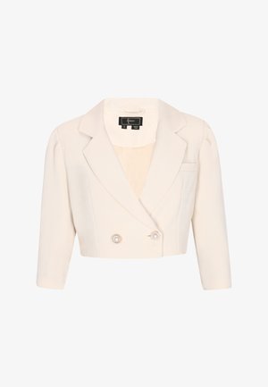 Cremfarbener, taillierter Blazer mit doppelreihigem Design, Reverskragen, Perlenknöpfen und Dreiviertelärmeln. Glatter Stofffinish.