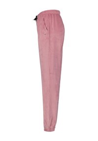 Zachte roze velours jogger pants met een elastische tailleband, zwarte trekkoord, zijzakken en elastische boorden.